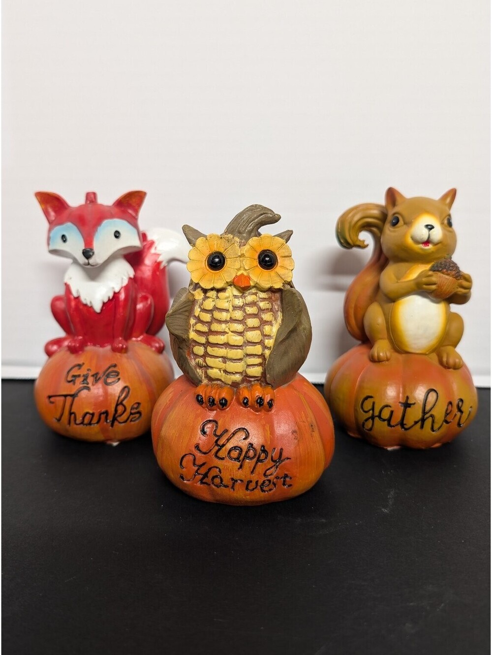 Fall Harvest Woodland Animal Figurines Set: Fox, Owl, Squirrel on Pumpkins Decor